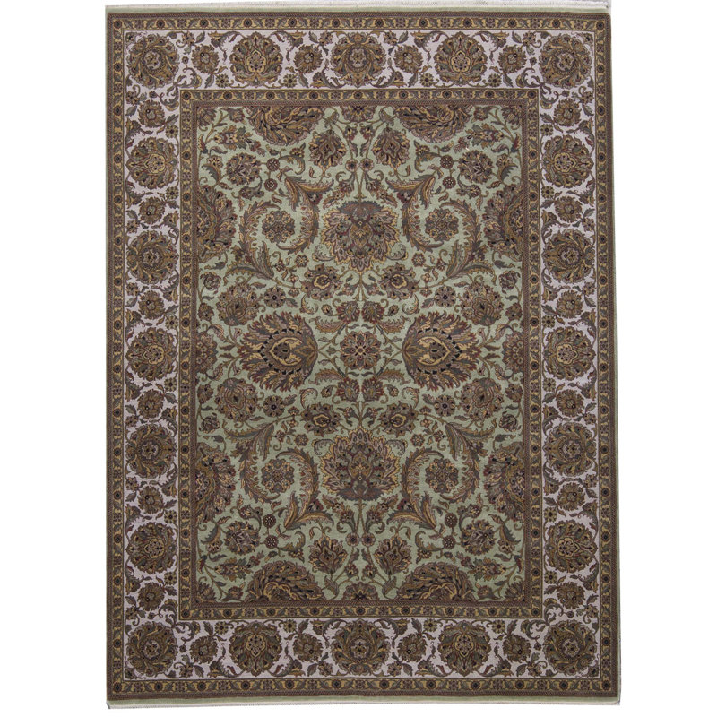 Tapis vert clair et ivoire de haute qualité noué à la main Trinity, Rectangle 4 pi 1 po x 6 pi 3 po