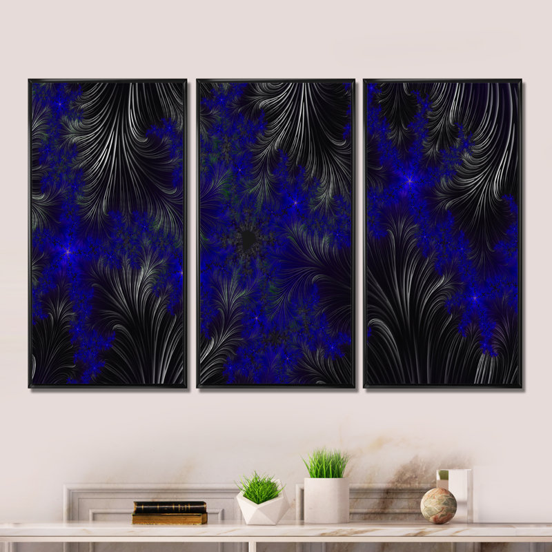«Black and Blue Fractal Leaves», impression sur toile flottante 3 pièces, H 28 po x l 36 po x P 1 po, Cadre noir