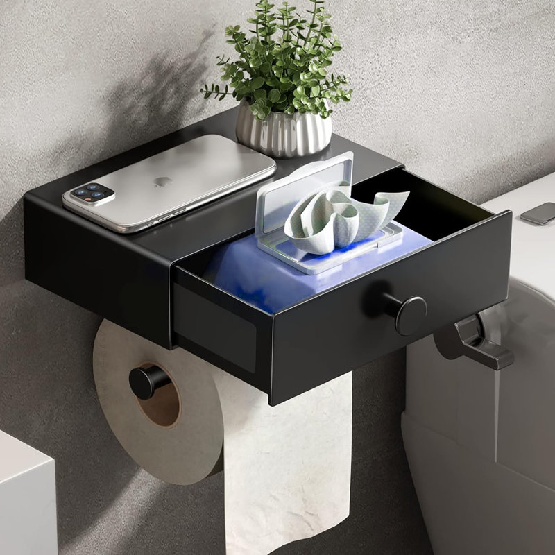 Porte-papier hygiénique adhésif avec tablette, tiroir et distributeur de lingettes, Noir
