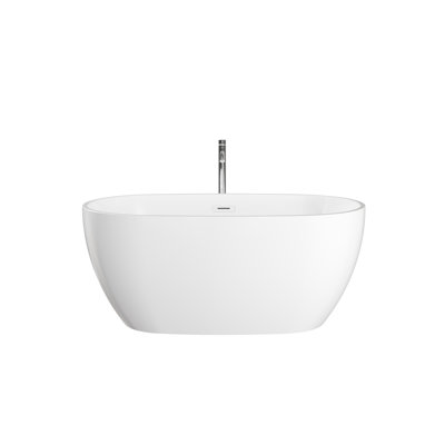 Juno 55 Inch Freestanding Bathtub in White, Shiny White Drain and Overflow Trim, and Polished Chrome Floor Mounted Faucet