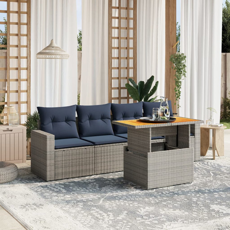  Ensemble de canapé de patio 5 pièces avec coussins en rotin de polyester gris, Gris, Marine