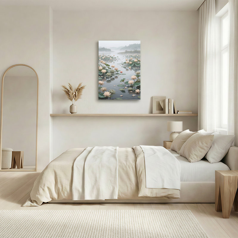 Art sur toile, fleurs de lotus crème et feuilles vertes sur eau brumeuse, 48"H x 32"W