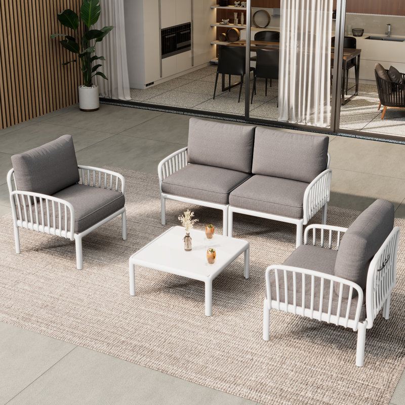 Bates Outdoor Conversation Set With Cushions, Light Gray/White, Table, 2 Armchairs, Loveseat 