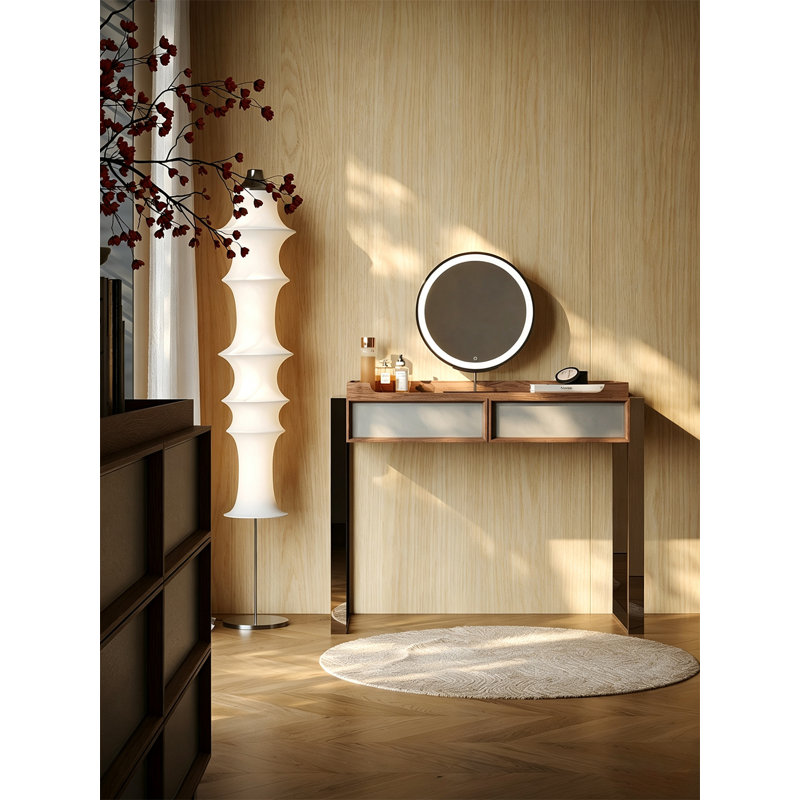 Coiffeuse de style Wabi Sabi en chêne blanc avec piètement en acier inoxydable poli et tiroir de rangement