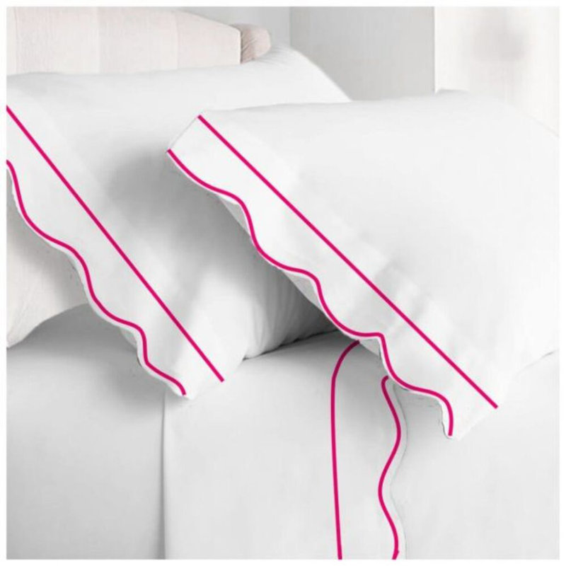400TC Cotton Scallop Embroidery & Border Cotton 4 Piece Sheet Set Fitted Sheet Fits Upto 16" Deep Pocket, Hot Pink Border