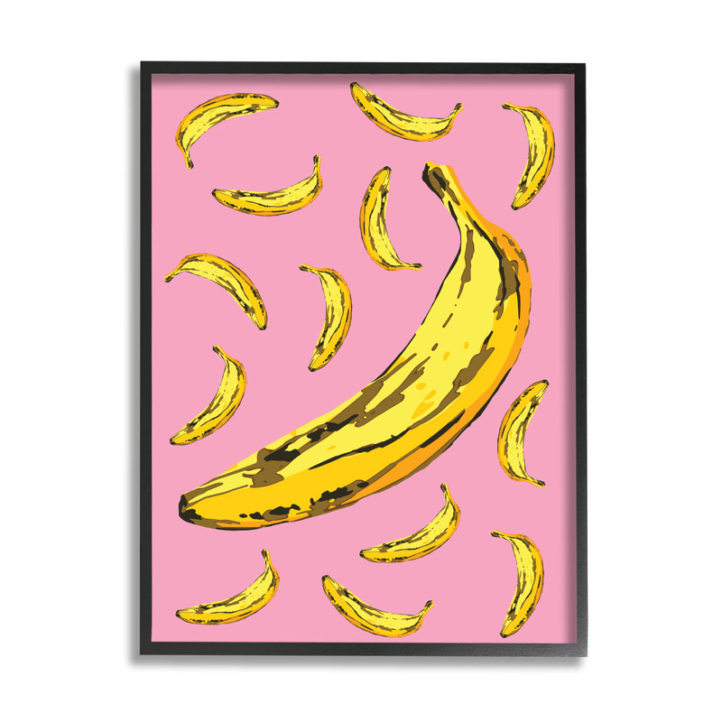 Bananes mûres fantaisistes, fruits tropicaux, jaune, rose, Giclée encadrée noir minuit, H 20 po x l 16 po
