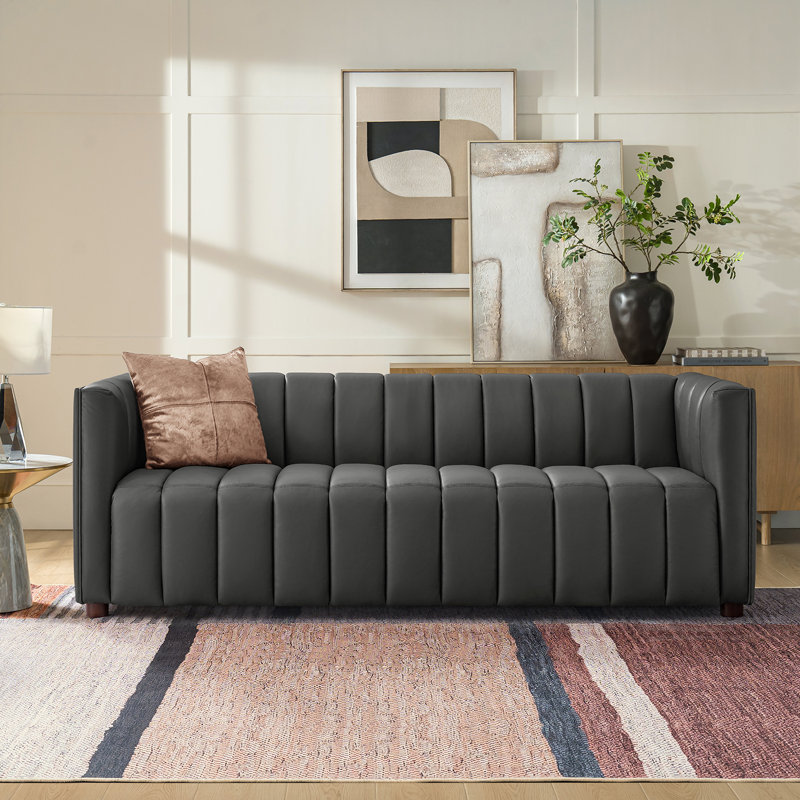 Dareau 83" Genuine Leather Channel Tufted Sofa, Charcoal