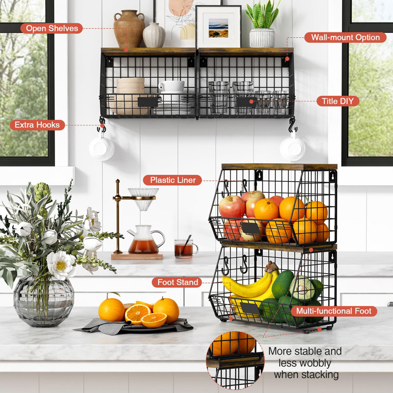 Hanging Wall Fruit Basket For Kitchen Counter 2 Pack, Stackable Wire Baskets For Organizing With Wood Lid, Black + Rustic