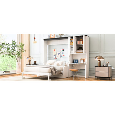 Espace avec lit double, bureau et rangement - Conception pliable, coussins moelleux, rangement spacieux, blanc multifonctionnel pour des espaces de vie compacts, blanc, durabilité à long terme