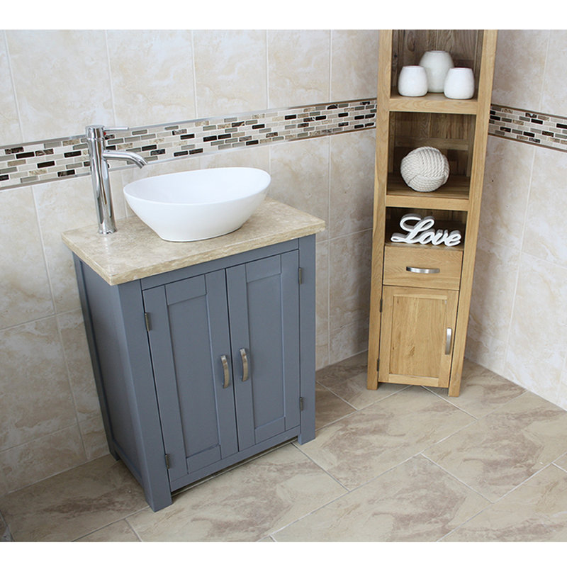 Rodarte 650mm Single Bathroom Vanity with Vessel Ceramic Basin, Grey, Travertine