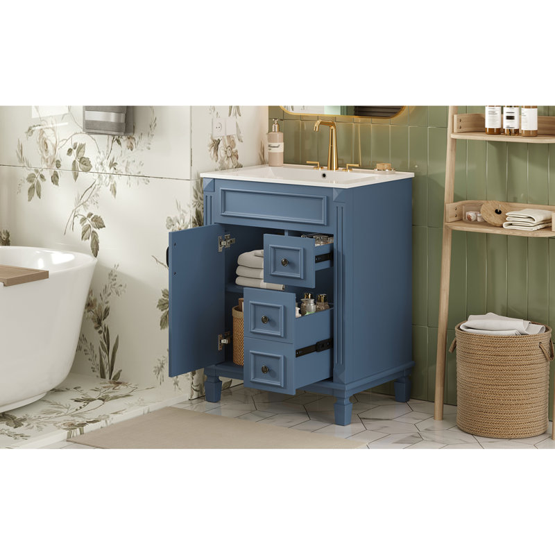 Meuble-lavabo compact de 24 po avec lavabo en céramique, armoire compacte pour petites salles de bain, design moderne avec 2 tiroirs et tablette réglable, meubles-lavabos