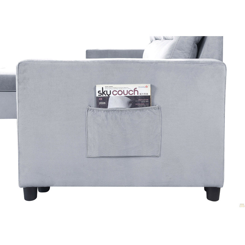 Ruby 81.5" Light Gray Velvet Reversible Sleeper Sectional Sofa With Storage Chaise And Side Pocket