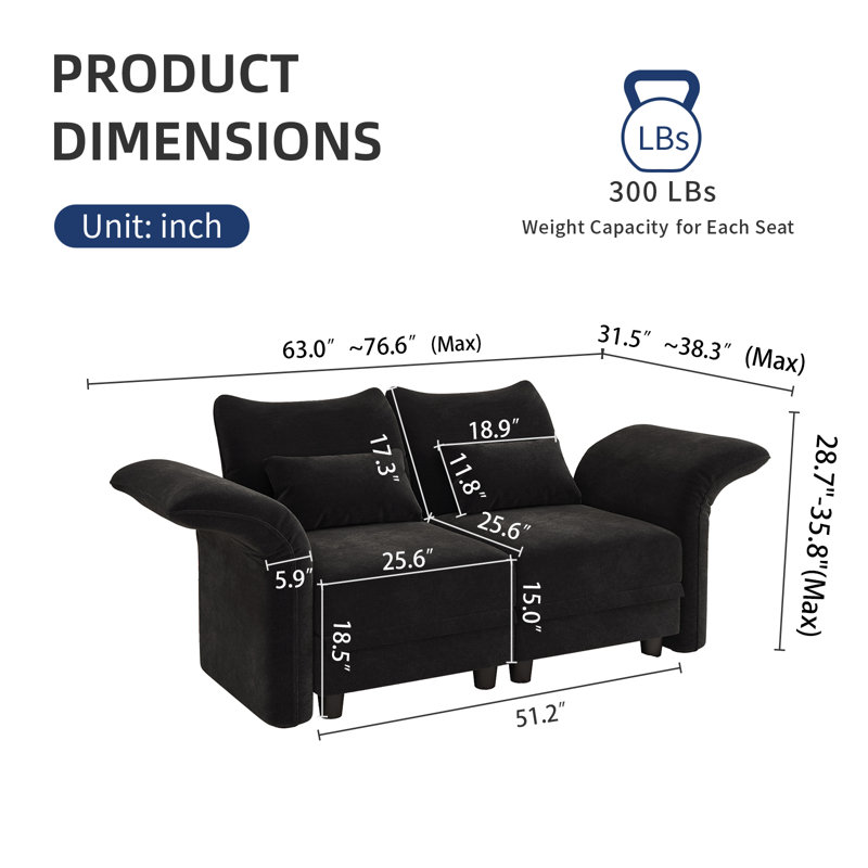 Khadijia Upholstered 63'' Loveseat, Black Microfiber/Microsuede