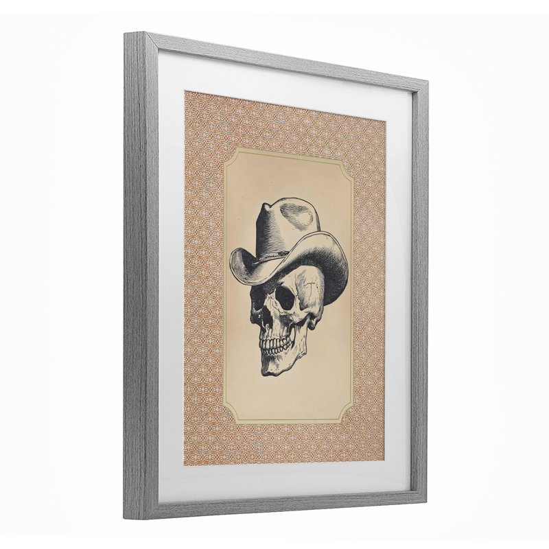 Crâne de cow-boy rétro, impression encadrée sous verre, design par Arlington Prints, H 16 po x l 13 po, Cadre de ferme gris