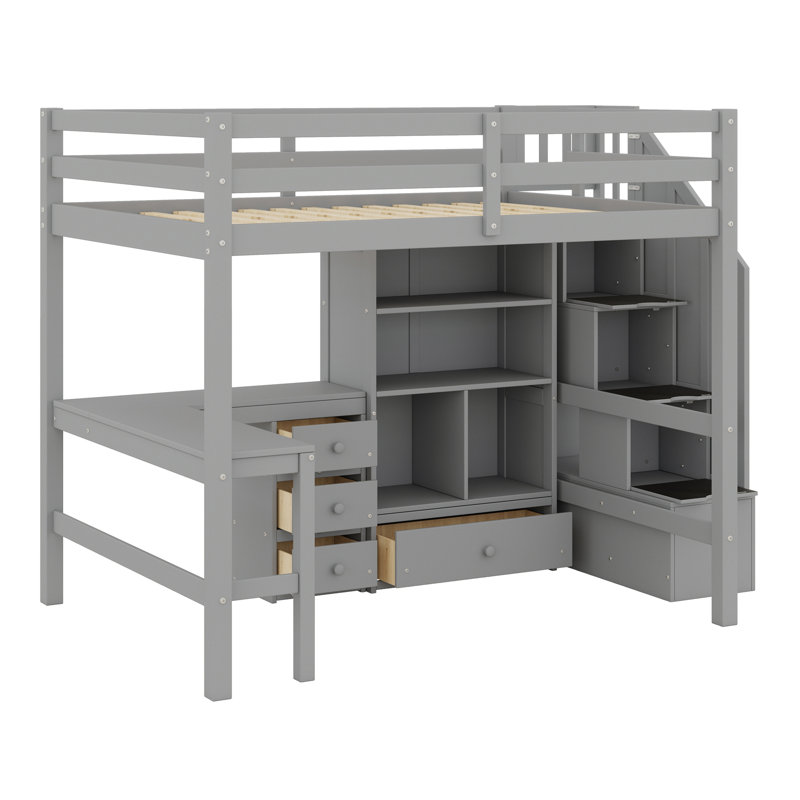 Lit mezzanine avec bureau en L et tiroirs, armoire et escalier de rangement, Gris