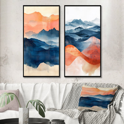 Rose, bleu, paysage audacieux, montagnes audacieuses, collection de 2 panneaux sur toile