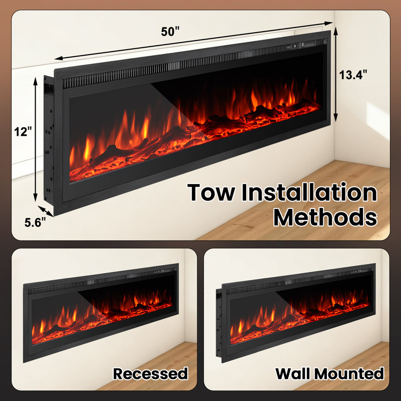 17 Stories Black Electric Fireplace Insert, 34cm H x 127cm W x 20.6cm D