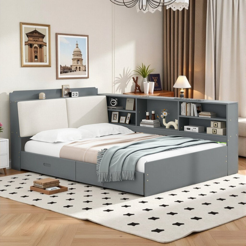 Maximize Space & Style: Full Size Platform Bed with Storage Headboard, Shelves & 2 Drawers, Antique Gray