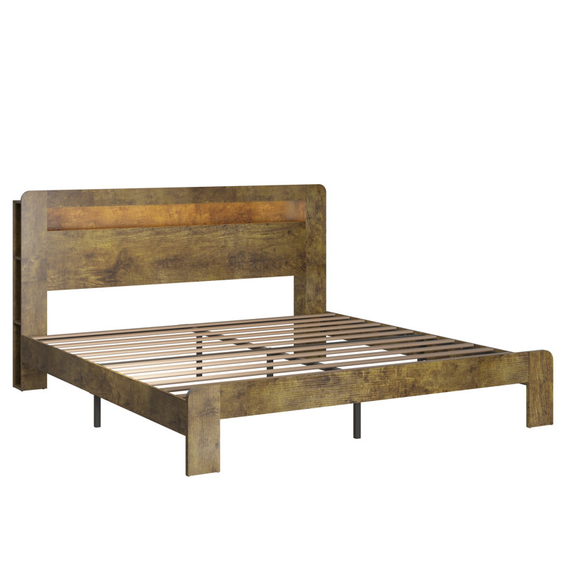 Farmhouse King Size Bed Frame with Storage Headboard, Wooden Platform Bed Frame with Charging Station & LED Light，Noise Free,No Box Spring Needed and Easy Assembly