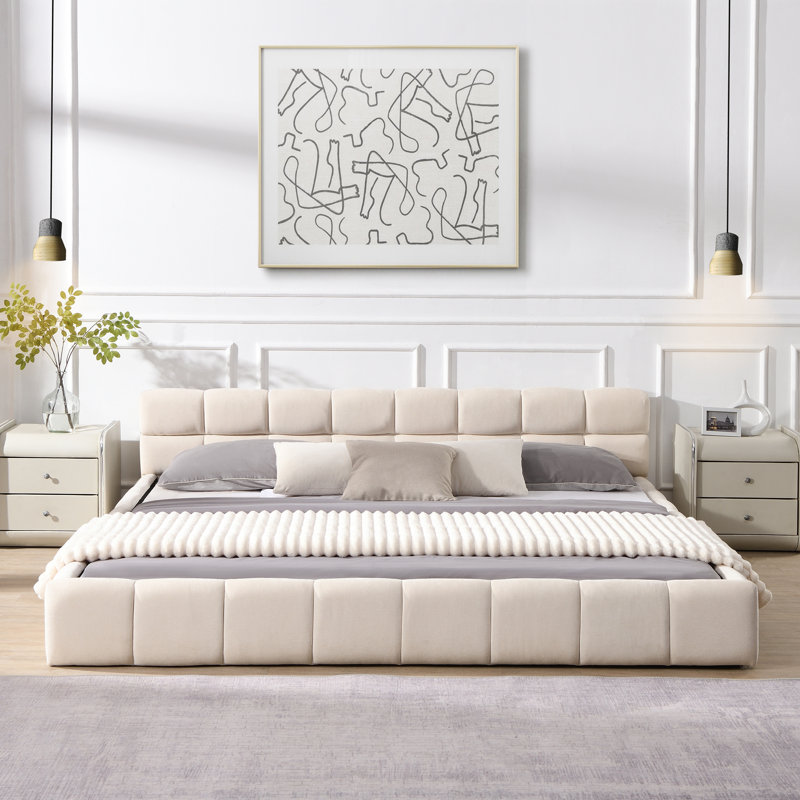 Lit tapissier très grand beige - Base de lit plateforme en tissu de chenille moelleux, tête de lit et pied de lit modernes (aucun sommier requis)