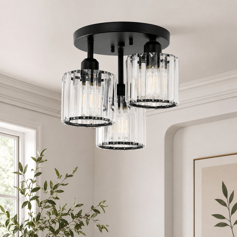 Plafonniers modernes en cristal, plafonnier semi-encastré 3 lumières avec abat-jour en cristal transparent, Noir mat