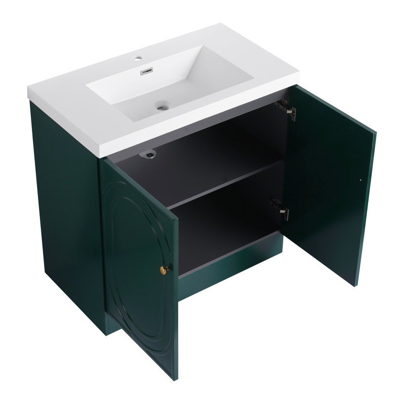 Meuble-lavabo sur pied 36 po avec lavabo en résine et tiroir à fermeture en douceur - Armoire spacieuse, Vert foncé, 35"