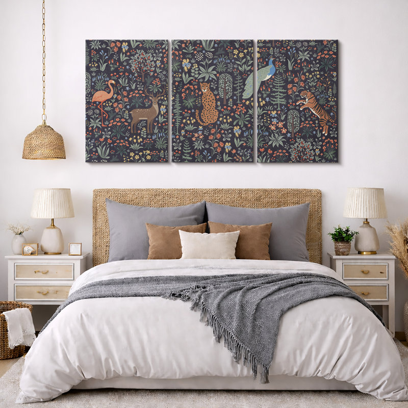 «Whimsical Woodland Animals and Botanical Pattern Illustration», reproduction d'art sur toile encadrée, H 36 po x l 72 po