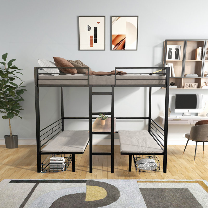 Lit mezzanine avec ensemble de table transformable, Gris, Lit double