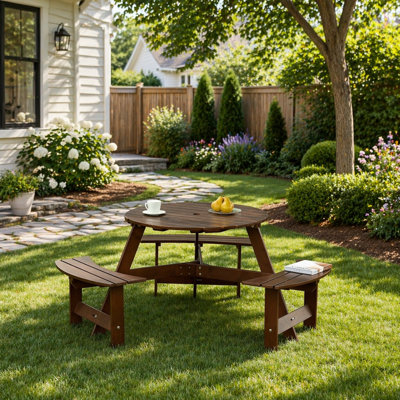 Outdoor 6 Person Round Picnic Table with 3 Built-in Benches, Umbrella Hole, and Waterproof Surface for Garden and Patio Gatherings