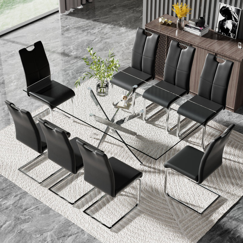 Modern 71in Glass Dining Table Set with Luxury Faux Leather Dining Chairs, Black, 9, Gold