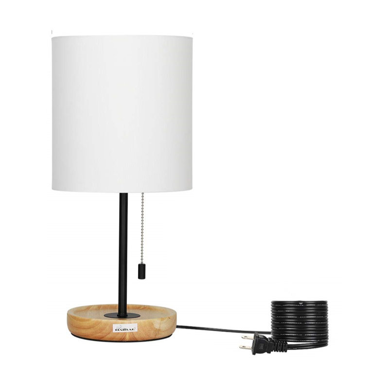 Lampe de bureau à base en bois avec interrupteur à glissière et abat-jour blanc