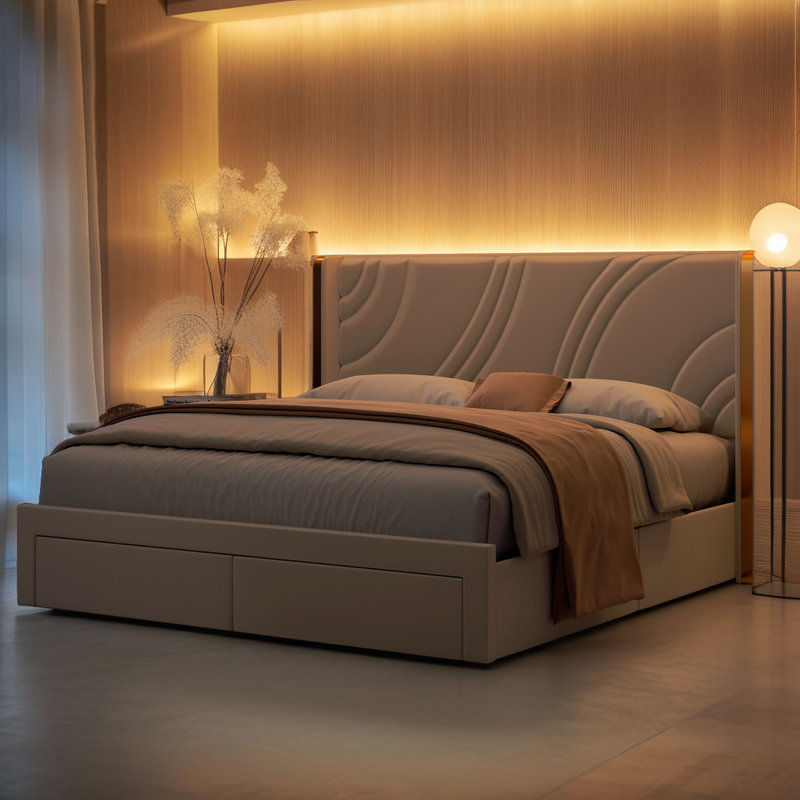 Structure de lit tapissier en velours avec tête de lit et tiroirs à DEL RVB, Lit double, Beige