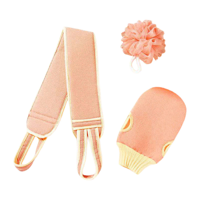 3 Piece Bath Set With Loofah Sponge And Scrubbing Glove, Gentle Exfoliating And Deep Cleansing For Bathing, Pink, Pink