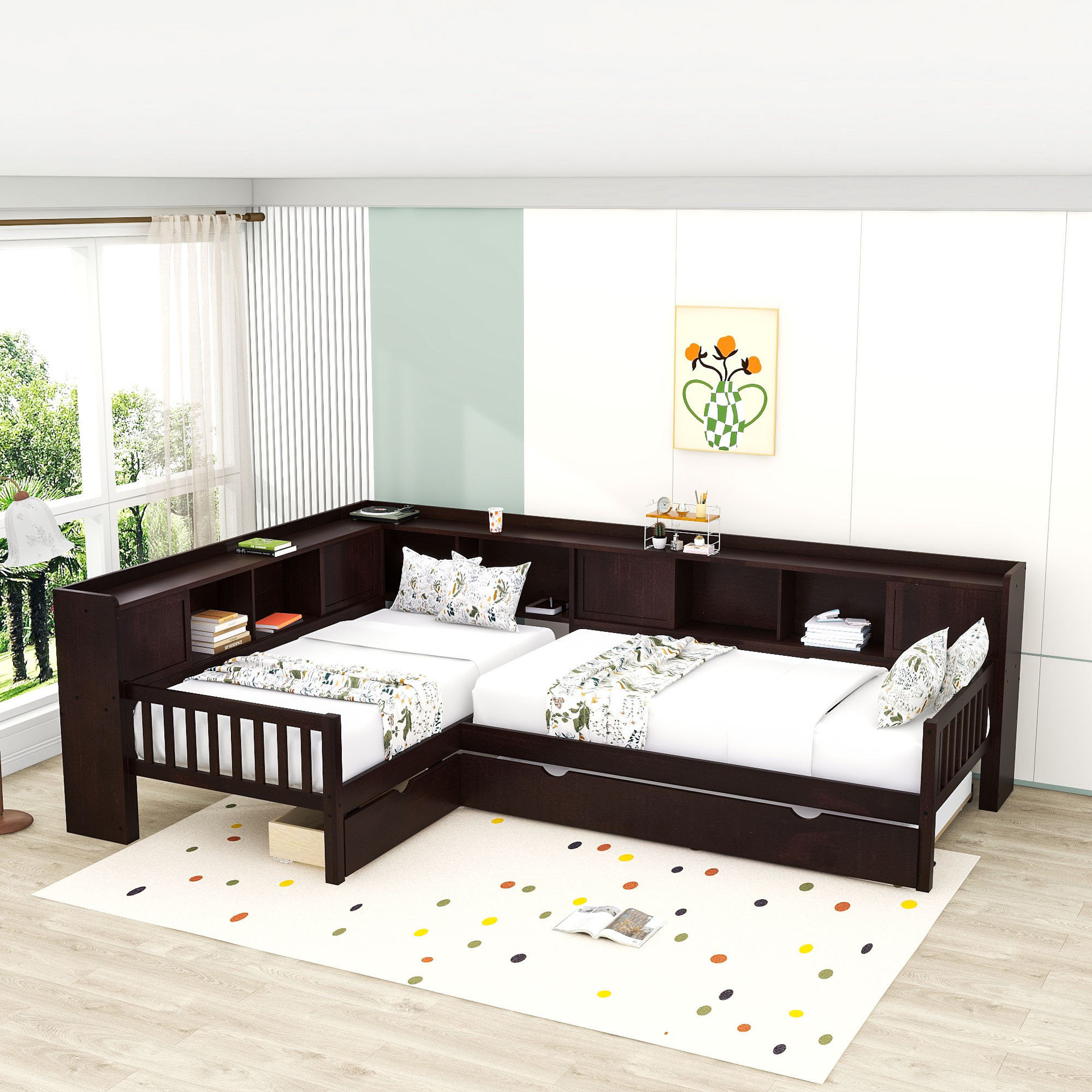Latitude Run® Twin Wooden L-shaped Platform Bed with 1 Drawers, Twin ...