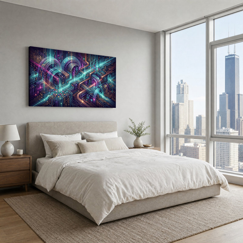 «Futuristic Circuit Arches in Neon Cyan and Mauve», art mural sur toile, L 40 po x H 20 po