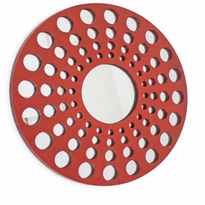 Décoration murale contemporaine en bois ronde avec découpes circulaires, rouge et argent