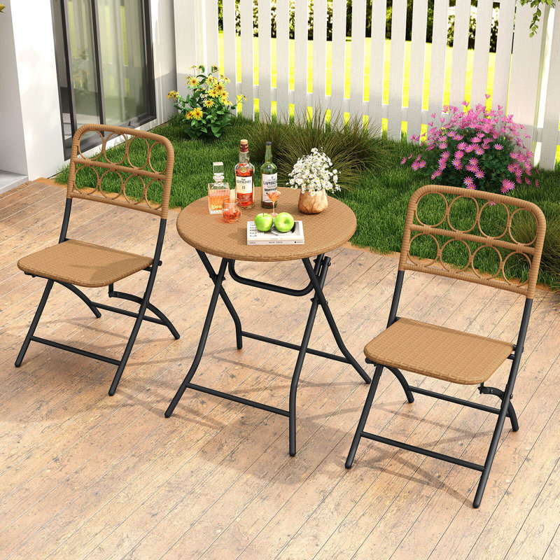 Ensemble bistro 3 pièces avec siège en osier et plateau de table pour terrasse, jardin et balcon