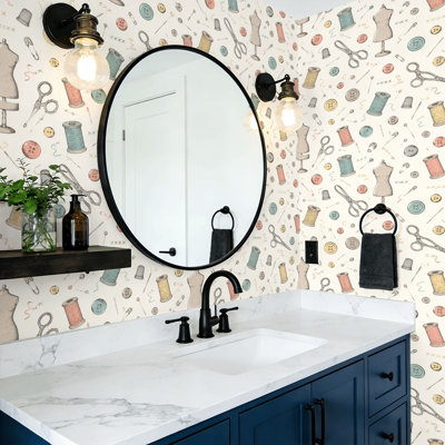 Peel and Stick Wallpaper vintage sewing tools Sew machine scissors Wall Mural 17.7"W x 118"H Self Adhesive Removable Wall Paper Renter Friendly Wallpaper for Nursery Bedroom Cabinets