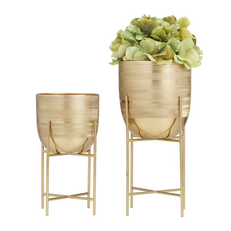 Alodee 2 Piece Metal Indoor Outdoor Planter with Removable Stand Set, Gold