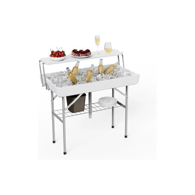 Table de glacière pliante pour l'extérieur 2 niveaux avec jupe assortie, grille et tuyau d'évacuation pour le pique-nique, camping, mariage, blanc