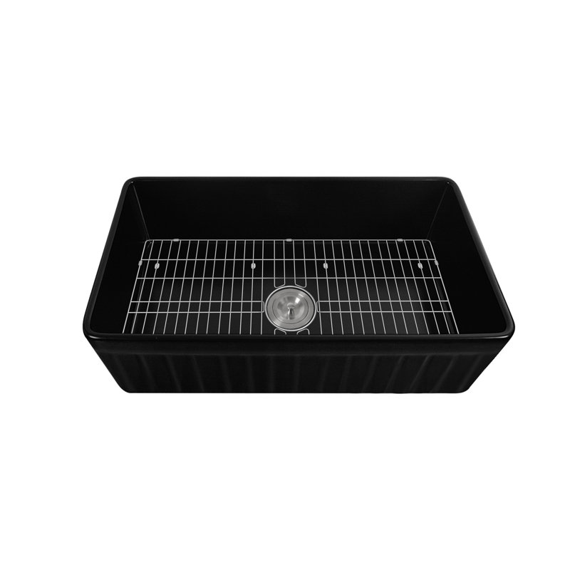 Solstice 33" L x 18" W Fireclay Farmhouse Kitchen Sink with Sink Grid and Basket Strainer, Matte Black