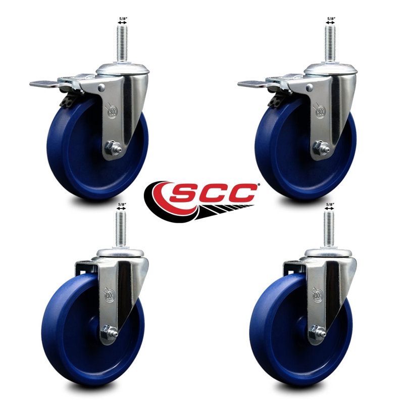 5 Inch Solid Poly Swivel 5/8 Inch Threaded Stem Caster Set 2 Total Lock Brakes
