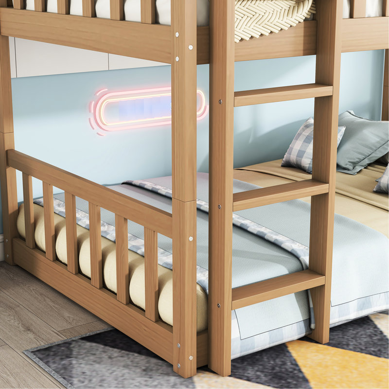 Lit superposé triple en chêne blanc avec garde-corps taille simple en chêne, assemblage pratique, Chêne blanc