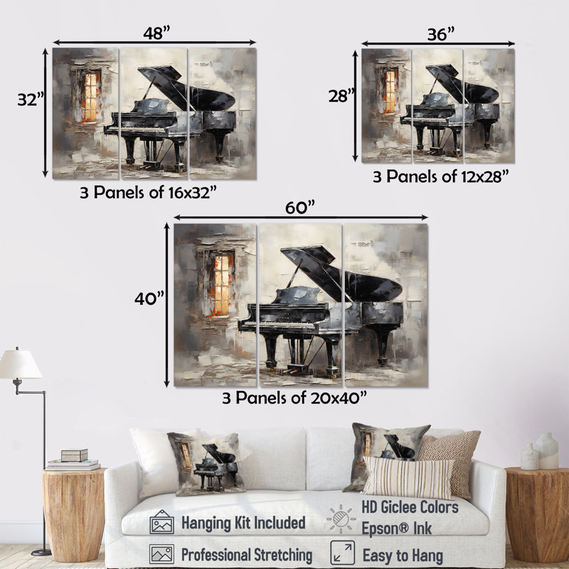 Gray Grey Mélancolique Melody - Piano, art sur toile, H 32 po x l 48 po x P 1 po