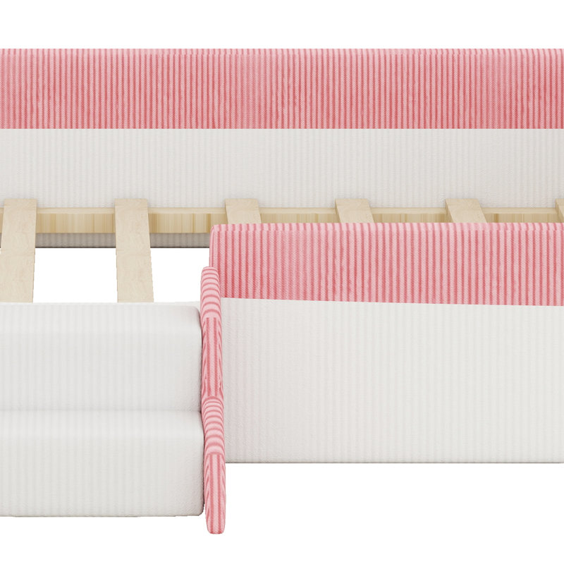 Lit tapissier tendance avec clôture de sécurité, marches à 2 niveaux et DEL intelligentes, Double, Rose et blanc