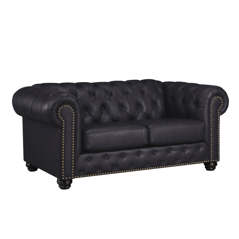 Orner 70" Leather Rolled Arm Loveseat, Black Leather Match