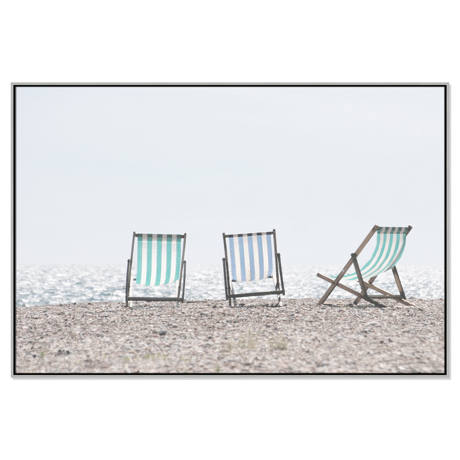 Beach Chairs - Photograph Print, 41.5" H x 61.5" W x 2" D, Silver Framed Canvas