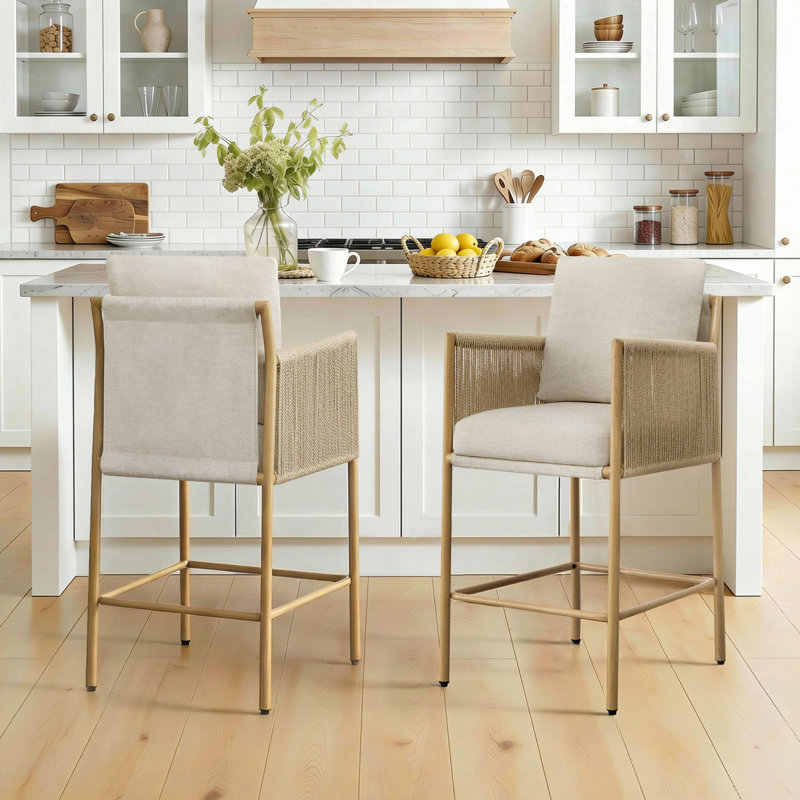 Upholstered Counter Stool with Metal Frame, Linen