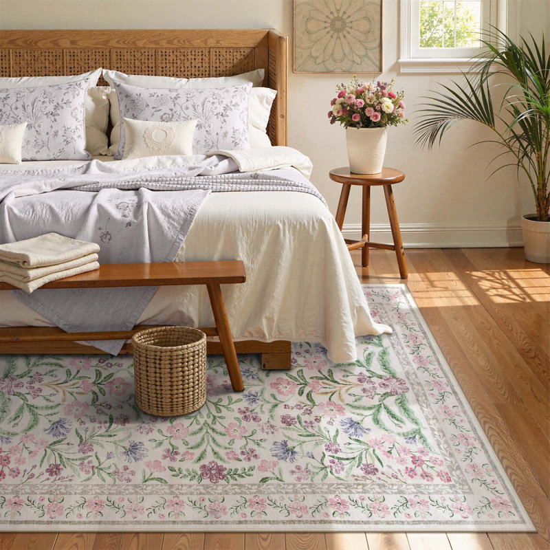 Washable Floral Area Rugs Boho Large Rugs Non-Slip for Bedroom Soft Rubber Backed Carpet, Rectangle 5' x 7'