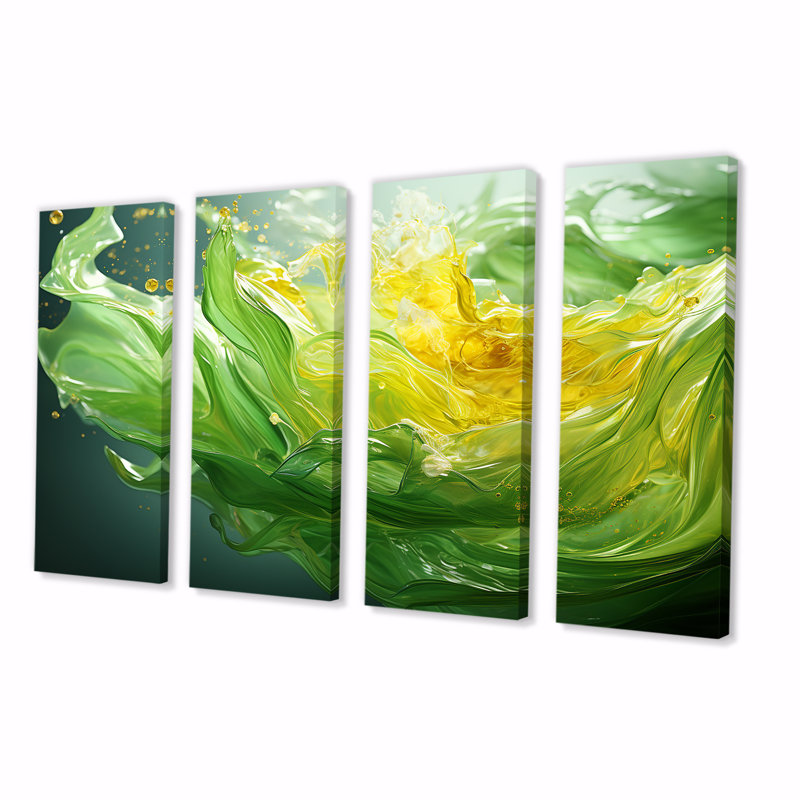 «Green and Yellow Harmonious Chaos II - Abstract Collages», ensemble de 4 pièces d'art mural, H 28 po x l 48 po